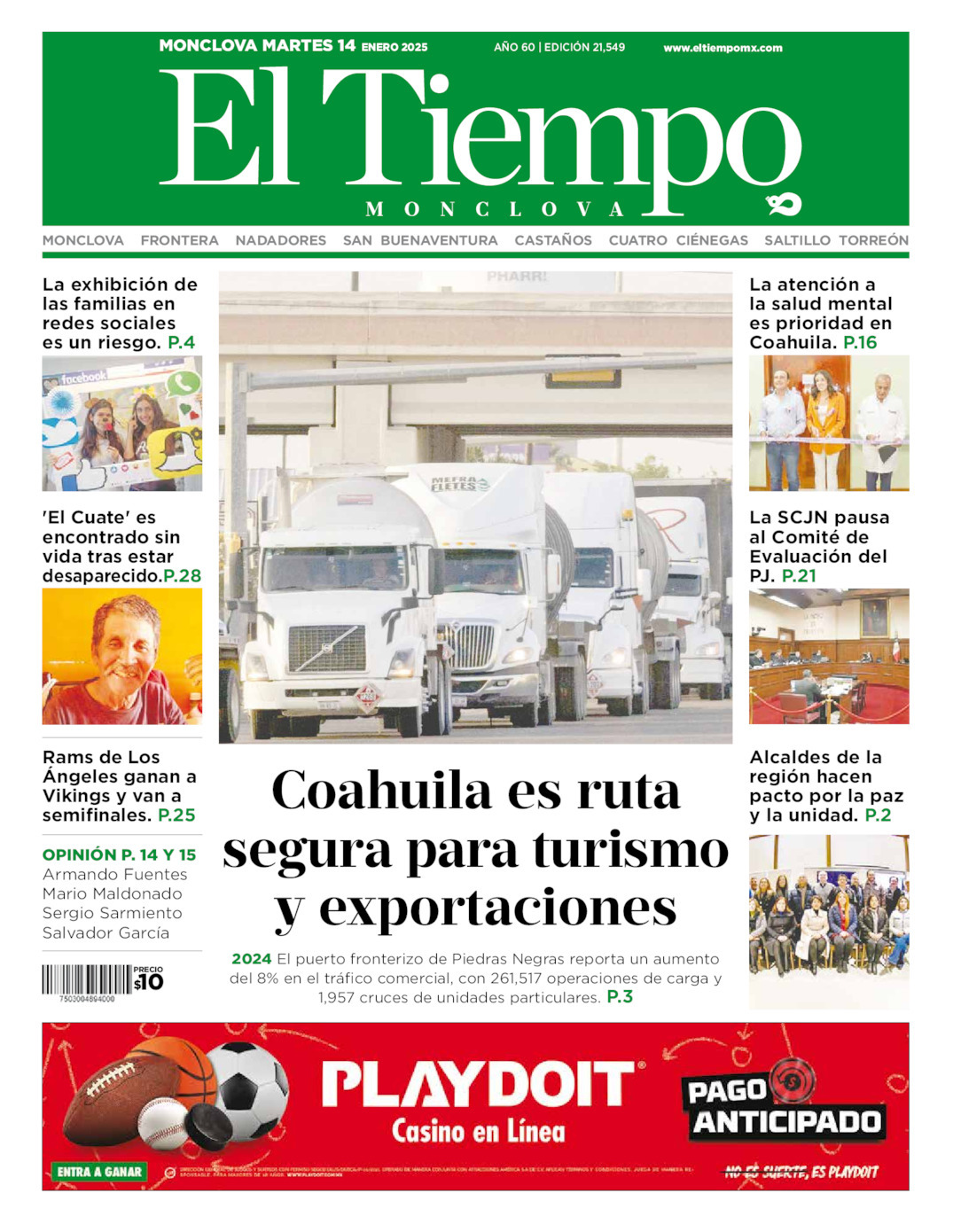 El Tiempo Monclova, edición del martes 14 de enero de 2025