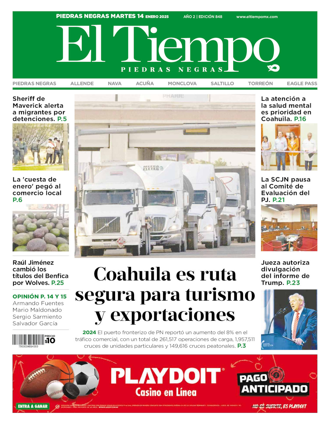 El Tiempo Piedras Negras, edición del martes 14 de enero de 2025