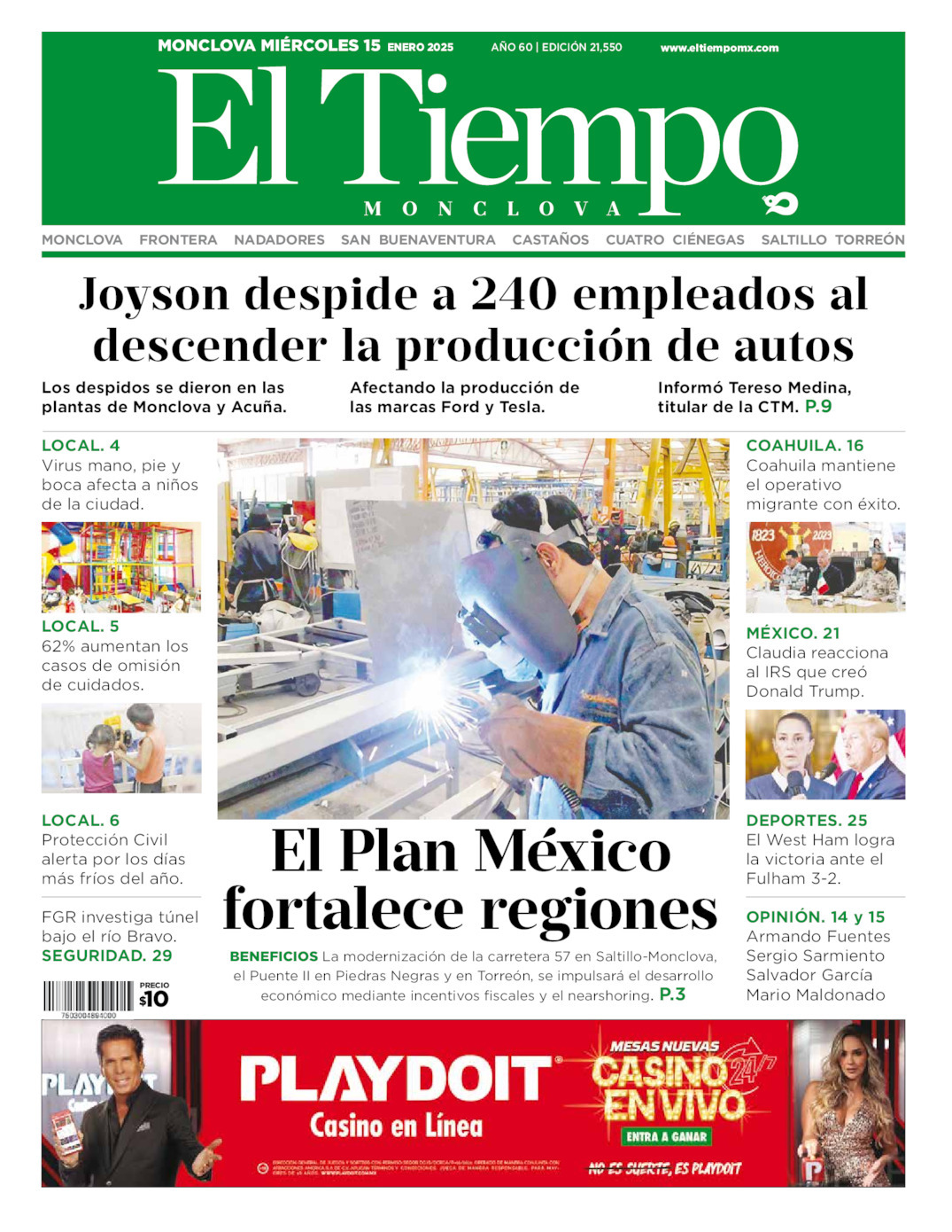 El Tiempo Monclova, edición del miércoles 15 de enero de 2025