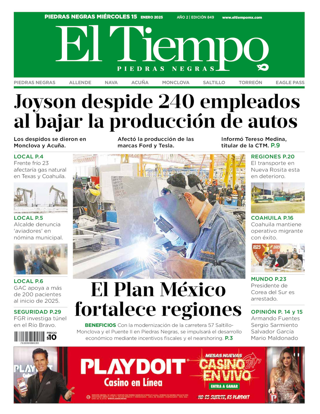 El Tiempo Piedras Negras, edición del miércoles 15 de enero de 2025