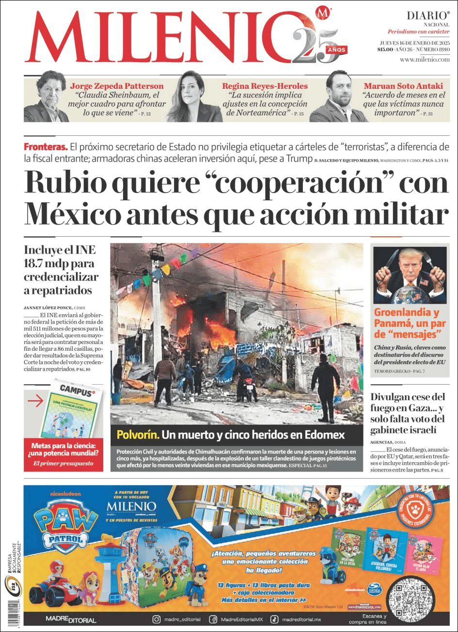 Milenio, edición del jueves 16 de enero de 2025