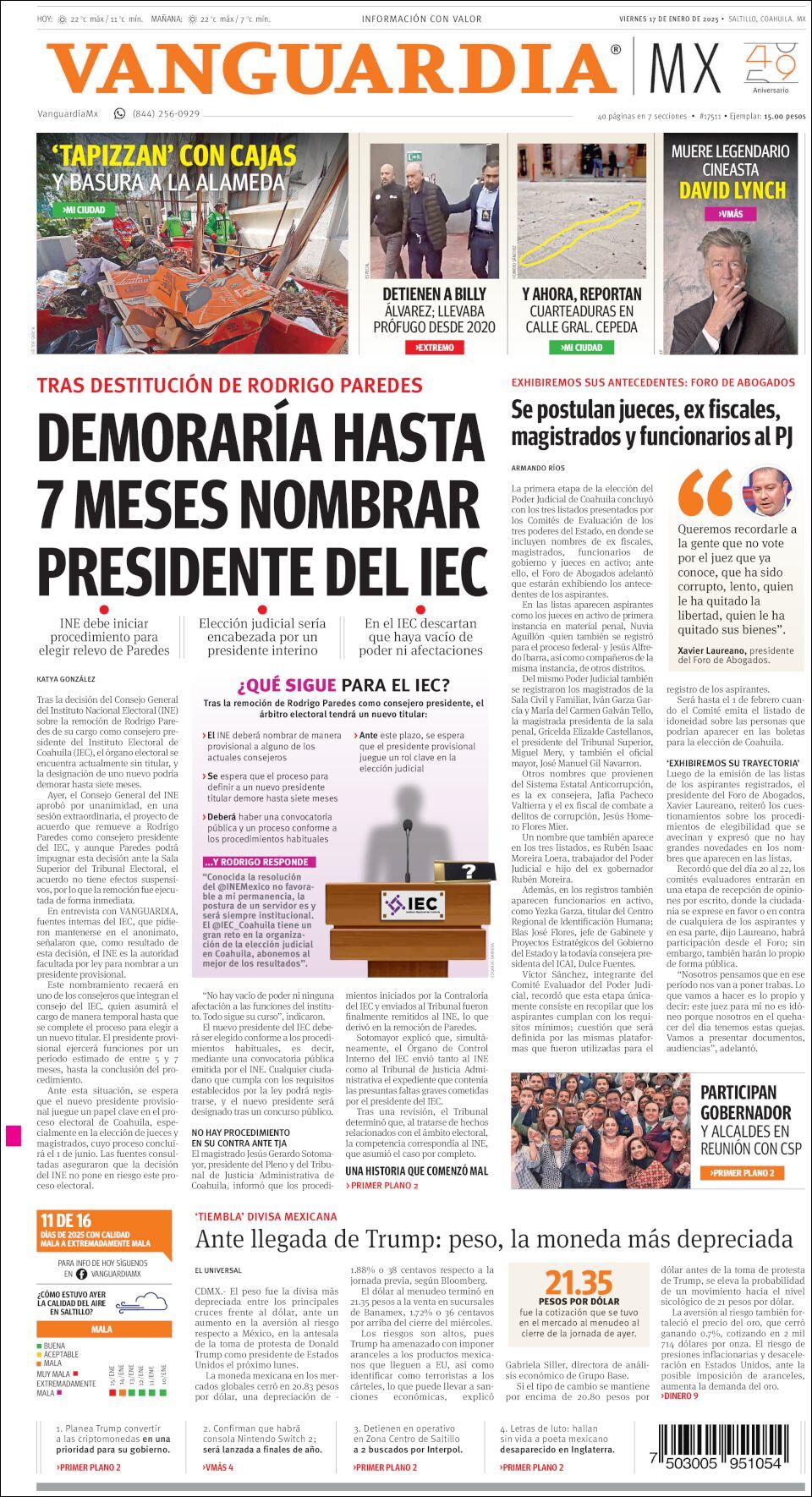 Vanguardia, edición del viernes 17 de enero de 2025