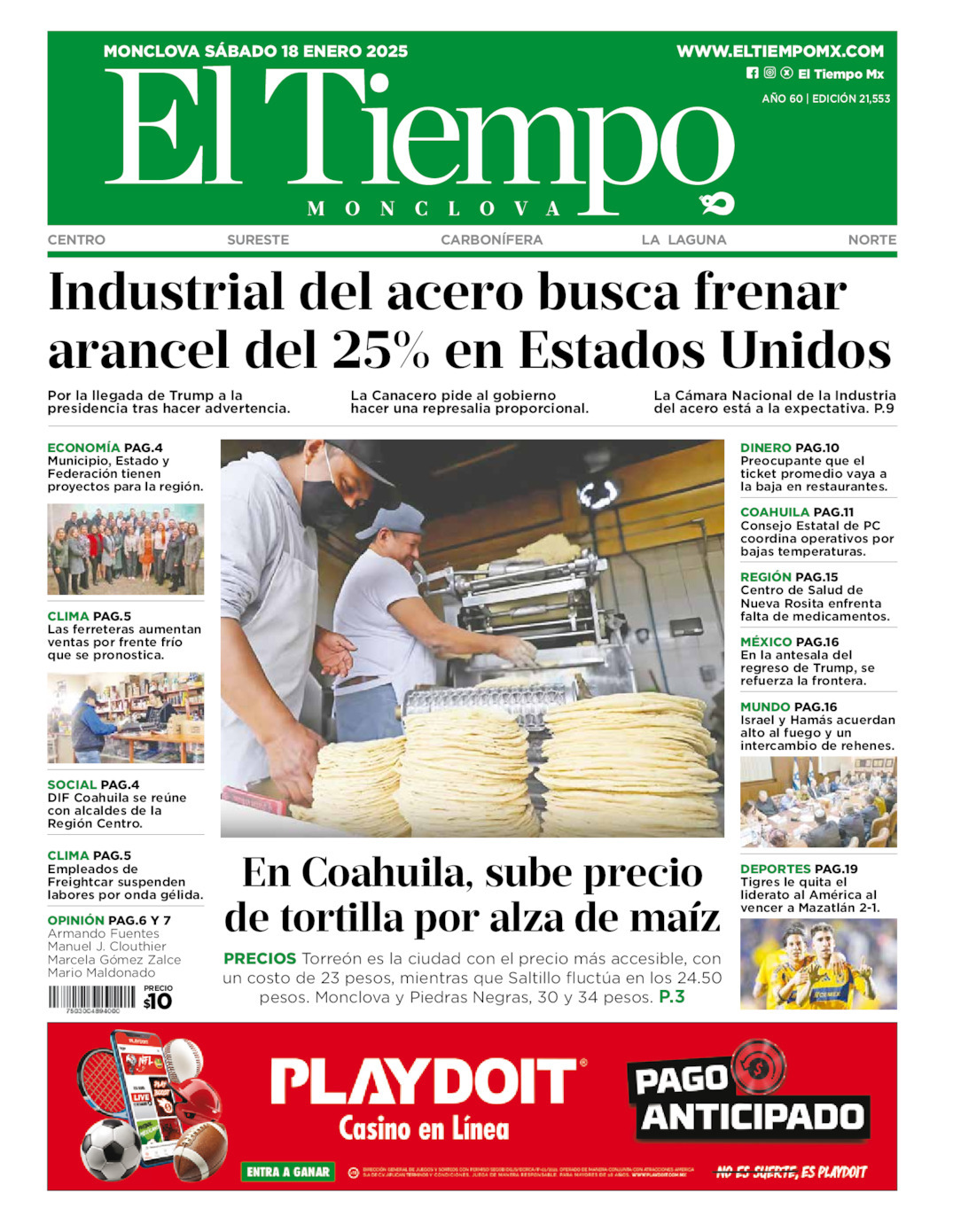 El Tiempo Monclova, edición del sábado 18 de enero de 2025