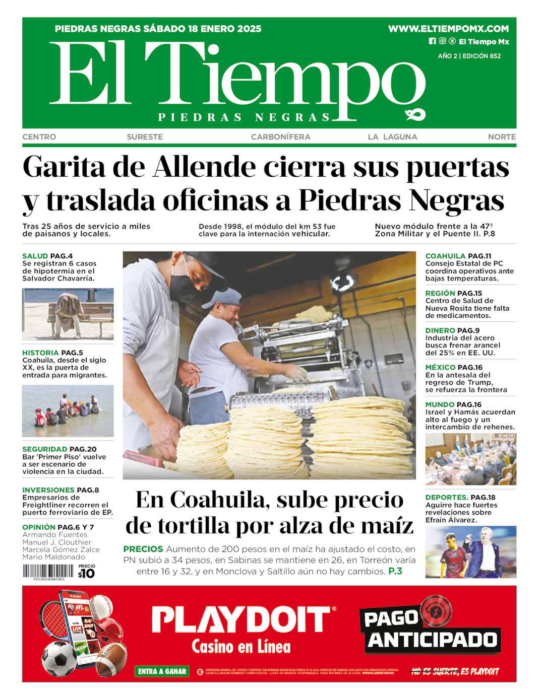 El Tiempo Piedras Negras, edición del sábado 18 de enero de 2025