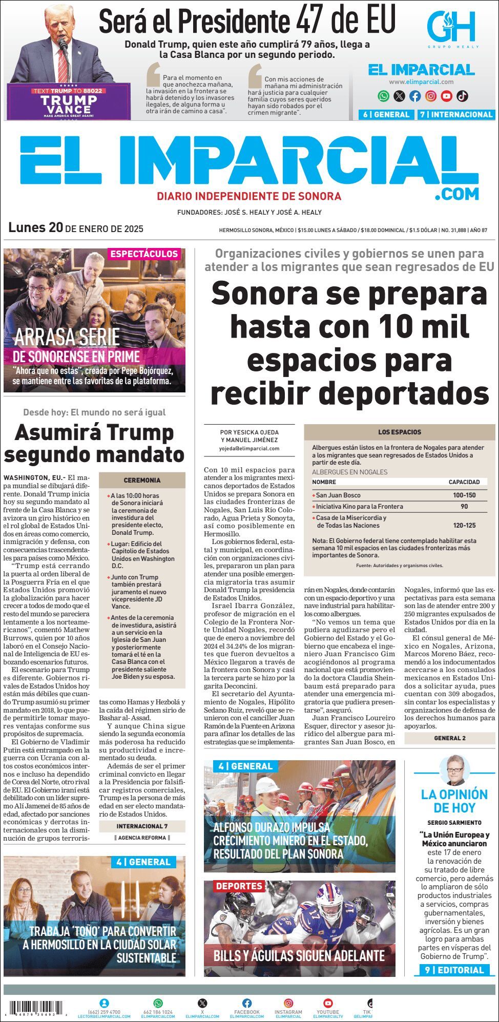 El Imparcial, edición del lunes 20 de enero de 2025