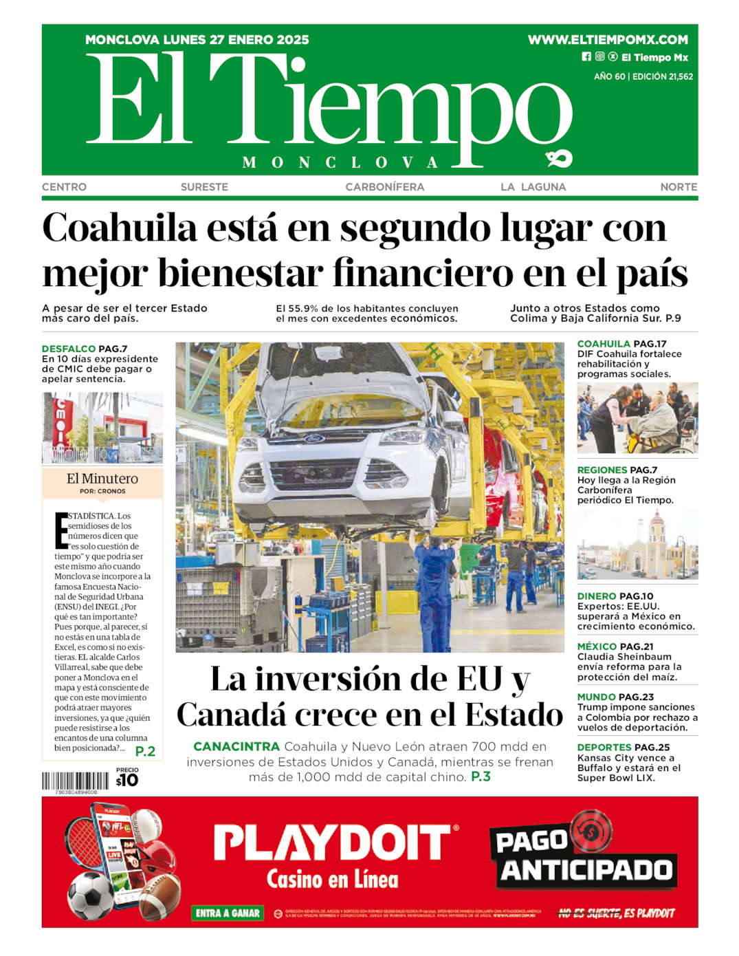 El Tiempo Monclova, edición del lunes 27 de enero de 2025