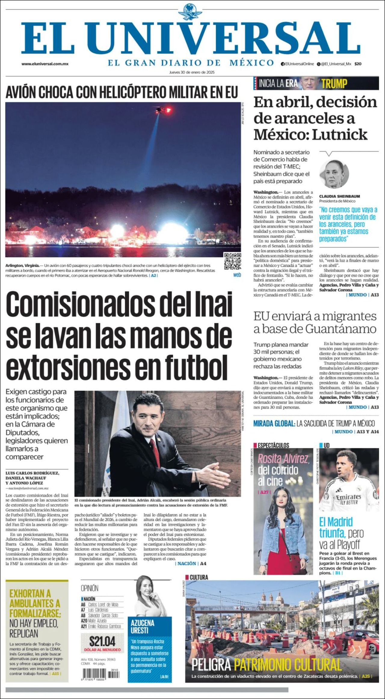 El Universal, edición del jueves 30 de enero de 2025