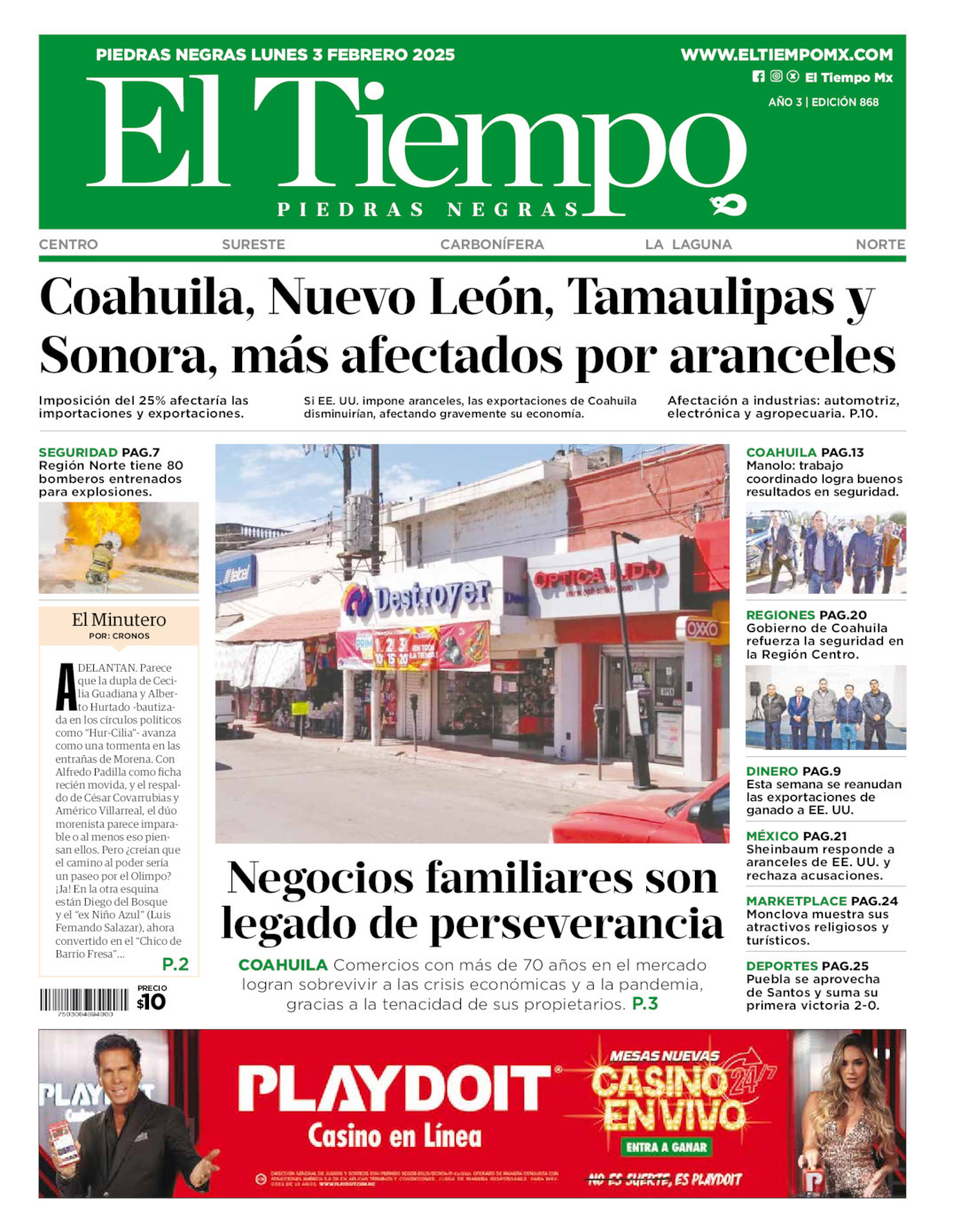 El Tiempo Piedras Negras, edición del lunes 03 de febrero de 2025