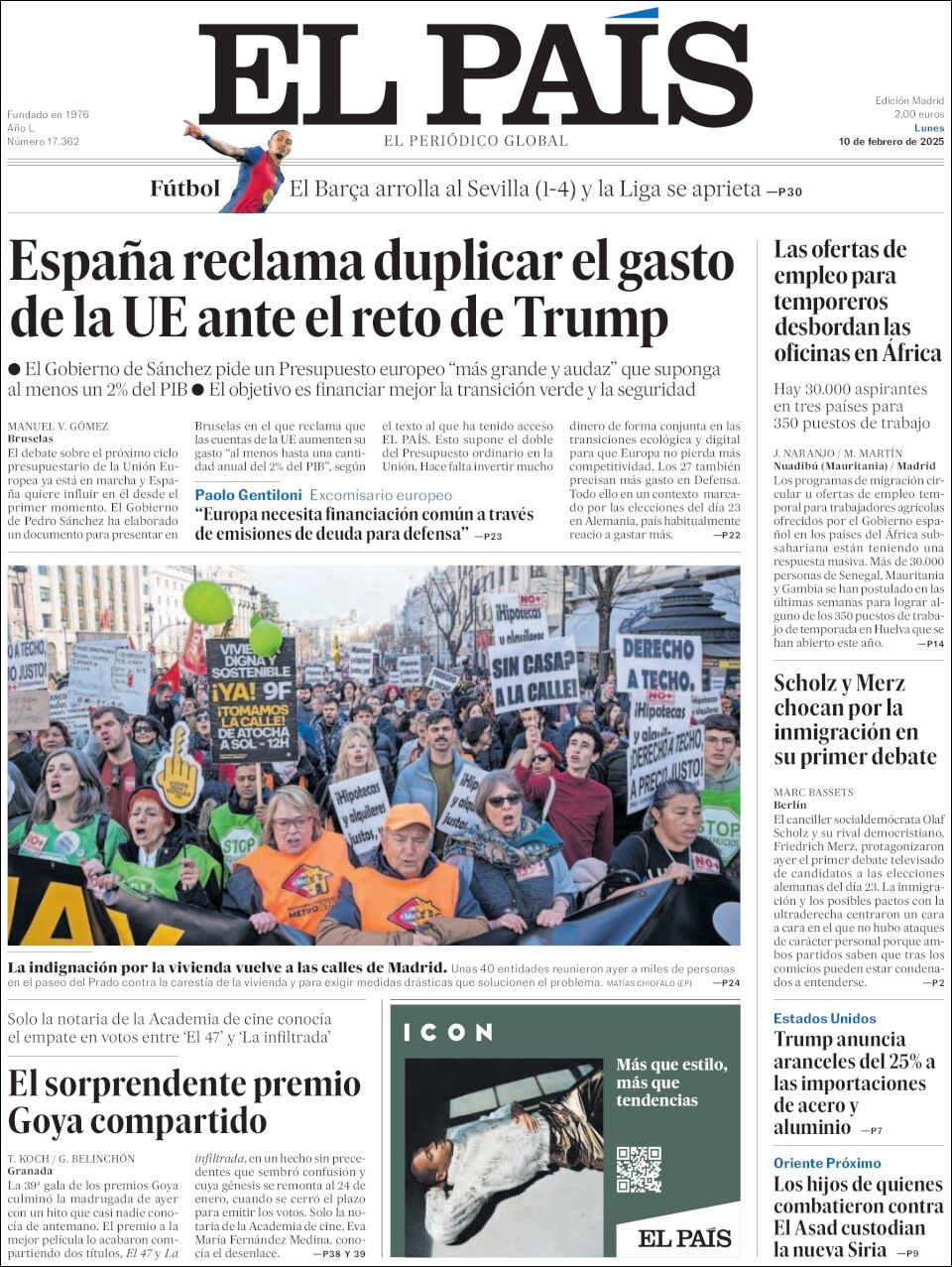 El País, edición del lunes 10 de febrero de 2025