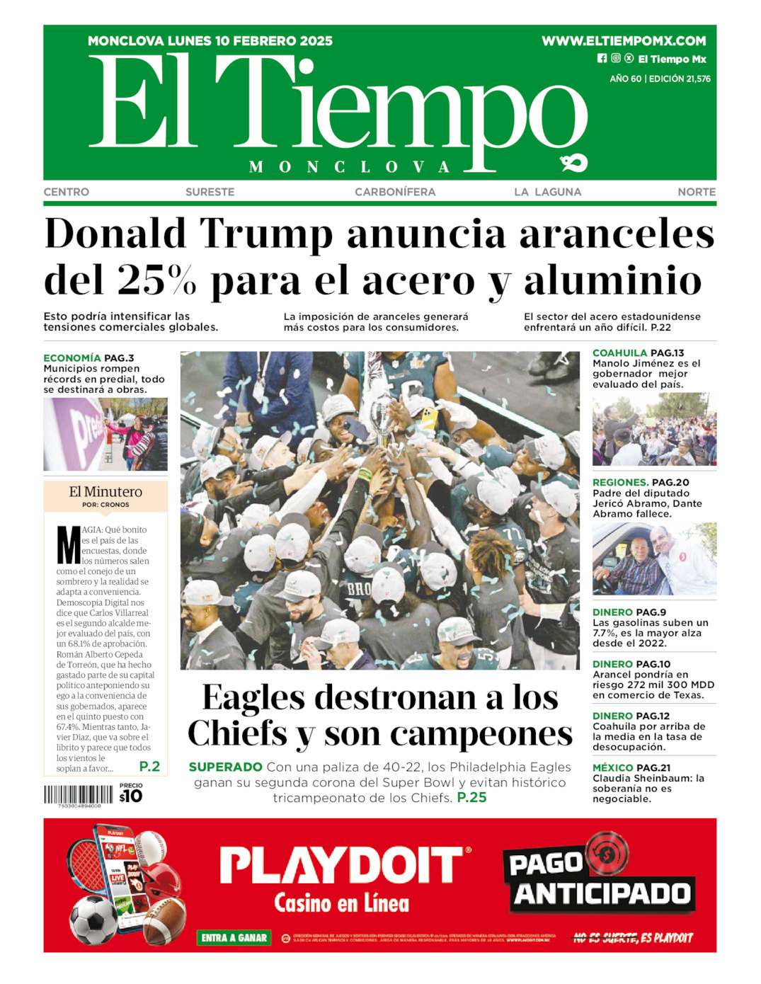 El Tiempo Monclova, edición del lunes 10 de febrero de 2025