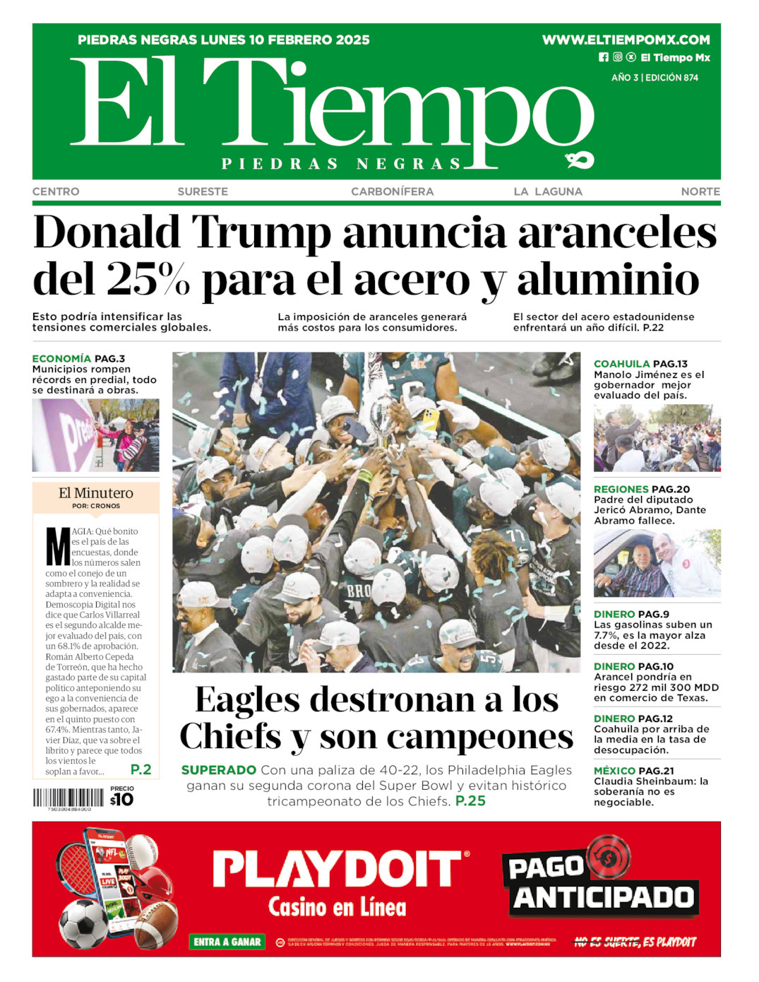 El Tiempo Piedras Negras, edición del lunes 10 de febrero de 2025