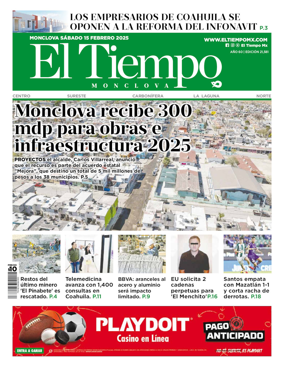 El Tiempo Monclova, edición del sábado 15 de febrero de 2025