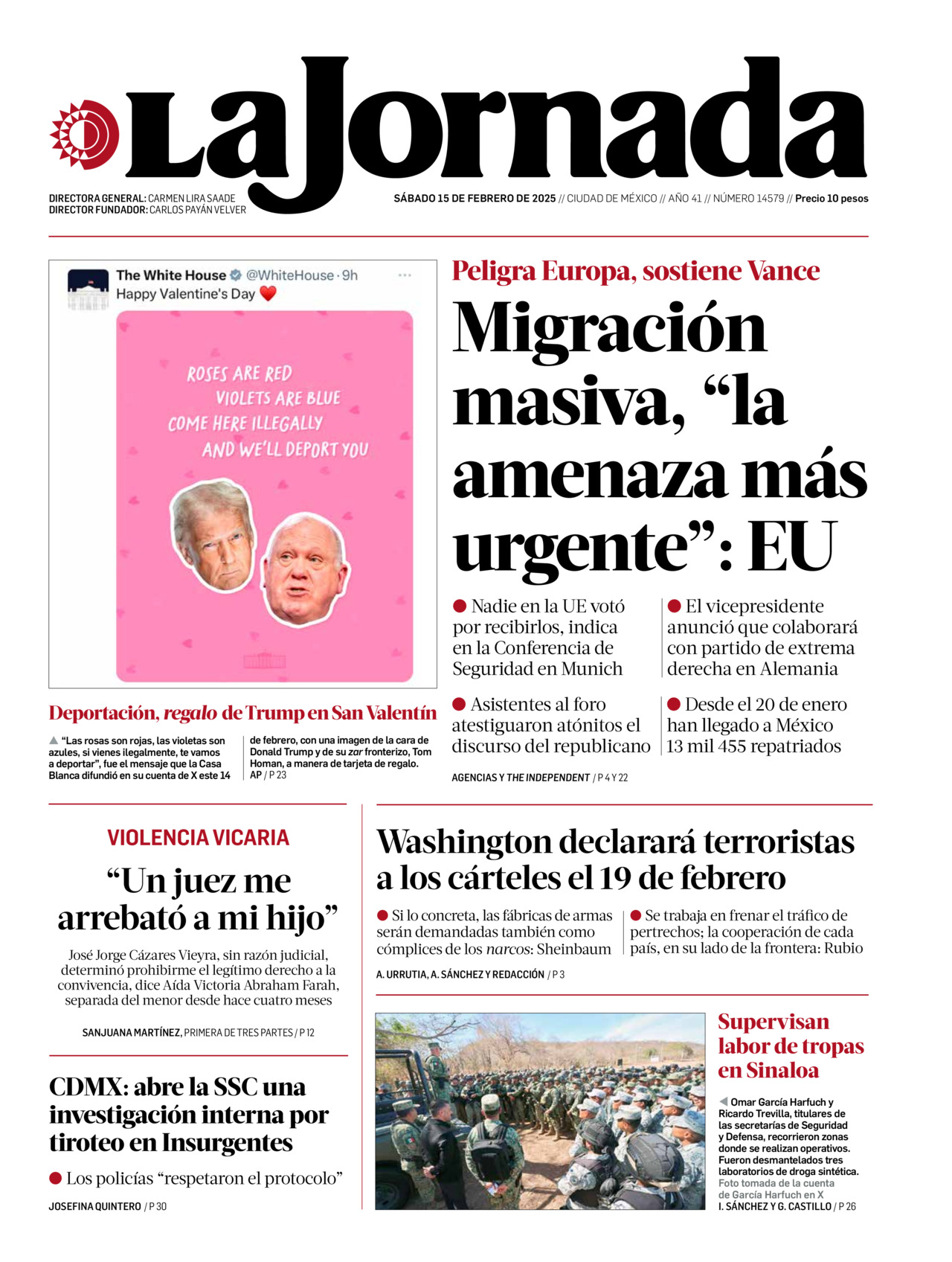 La Jornada, edición del sábado 15 de febrero de 2025