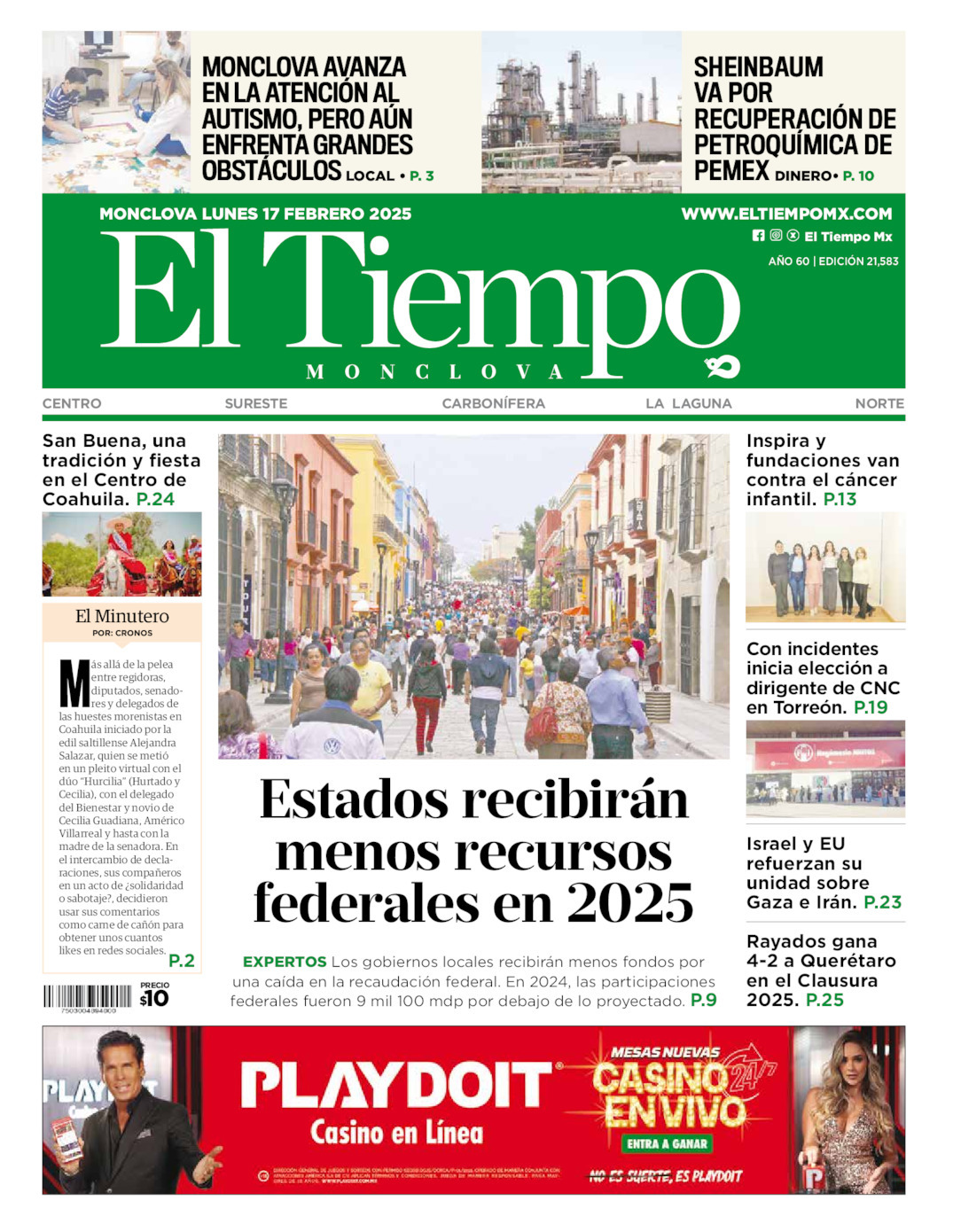 El Tiempo Monclova, edición del lunes 17 de febrero de 2025