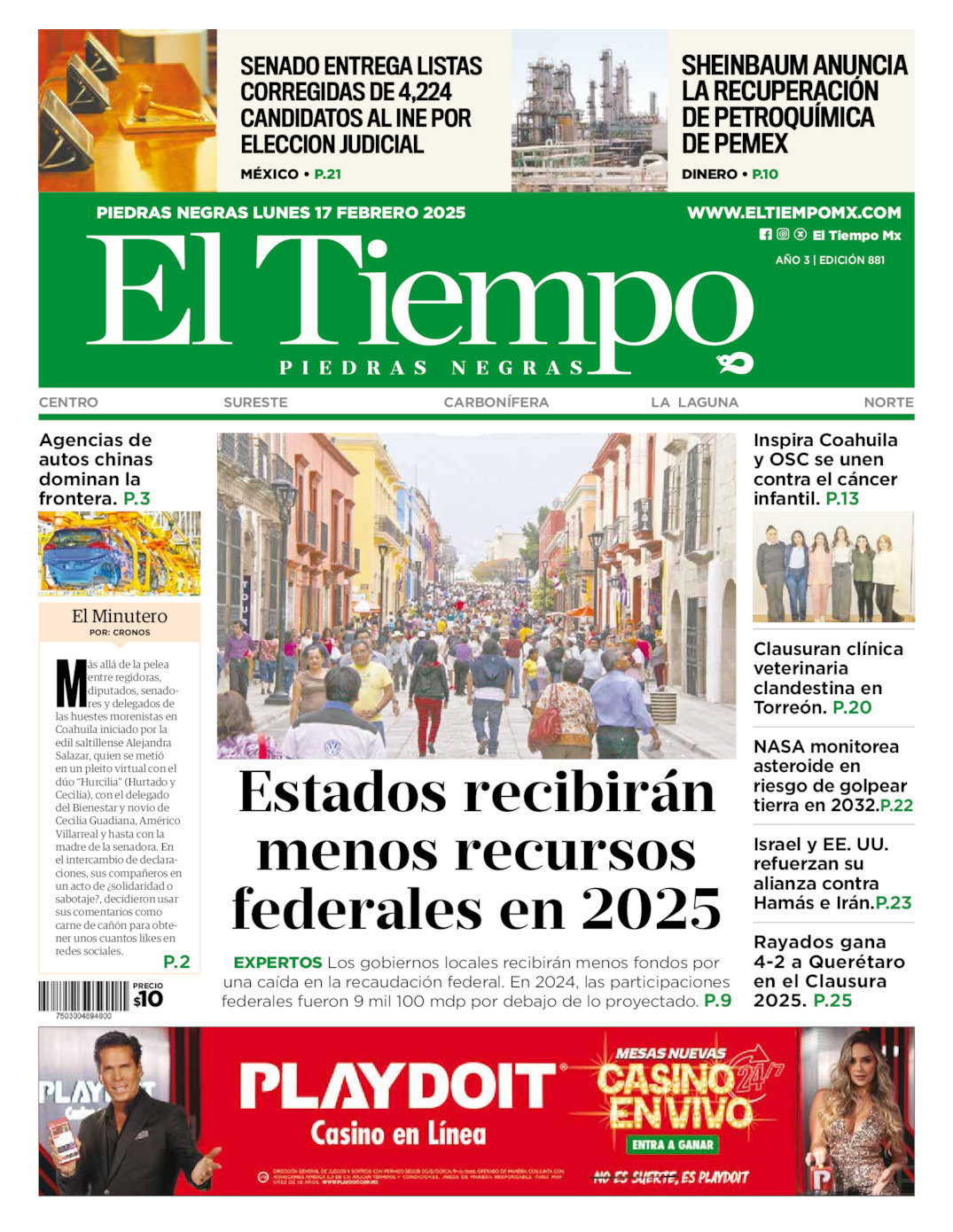 El Tiempo Piedras Negras, edición del lunes 17 de febrero de 2025