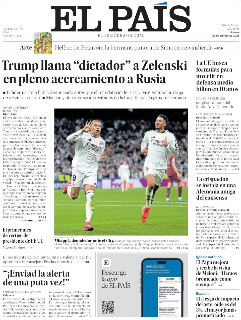 El País, edición del jueves 20 de febrero de 2025