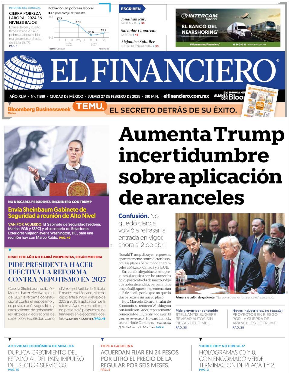 El Financiero, edición del jueves 27 de febrero de 2025