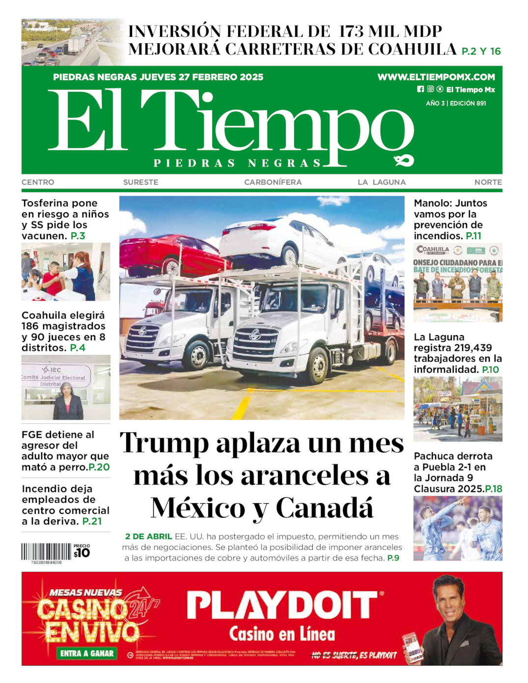 El Tiempo Piedras Negras, edición del jueves 27 de febrero de 2025