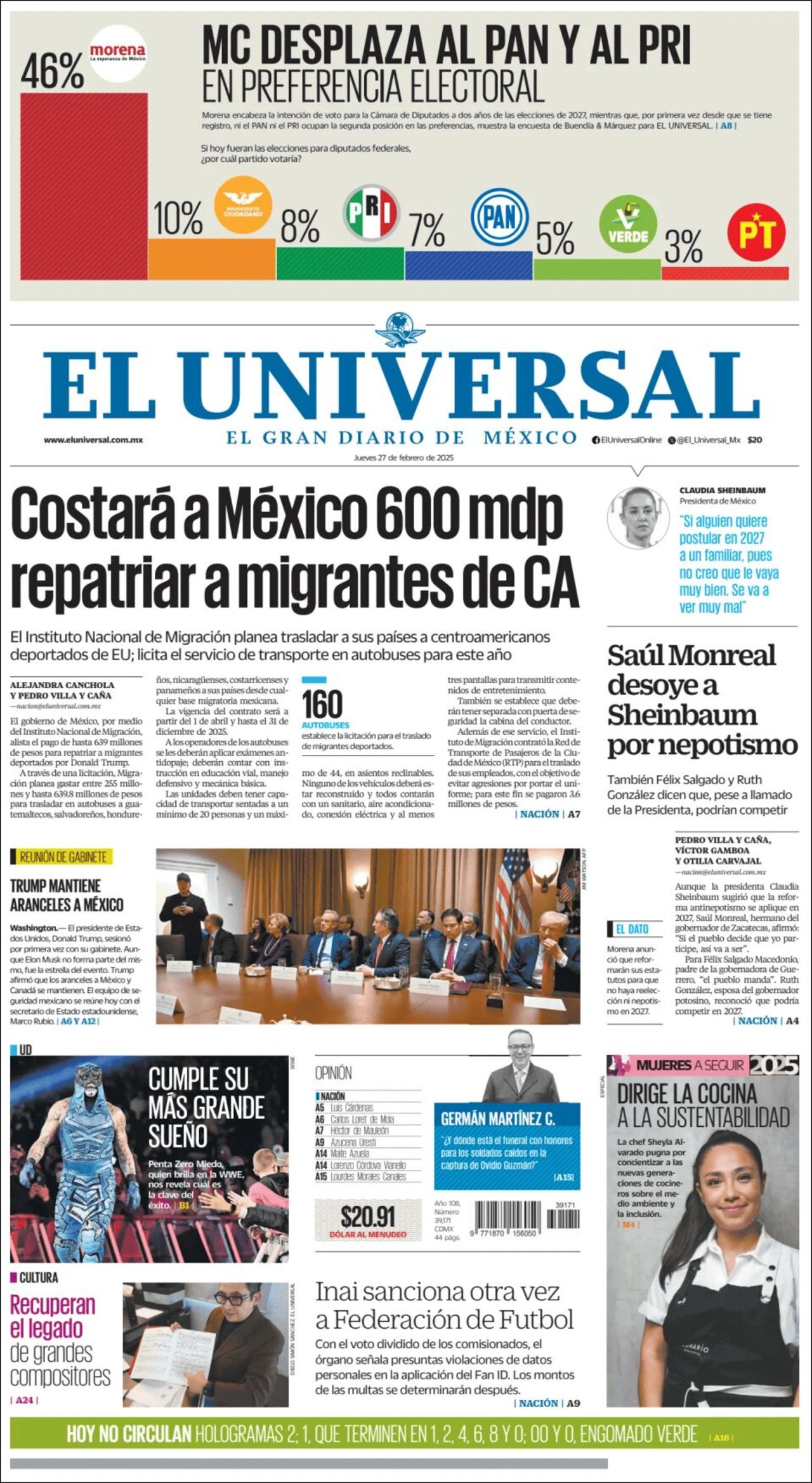 El Universal, edición del jueves 27 de febrero de 2025