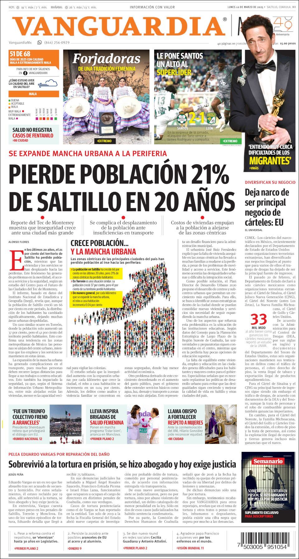 Vanguardia, edición del lunes 10 de marzo de 2025