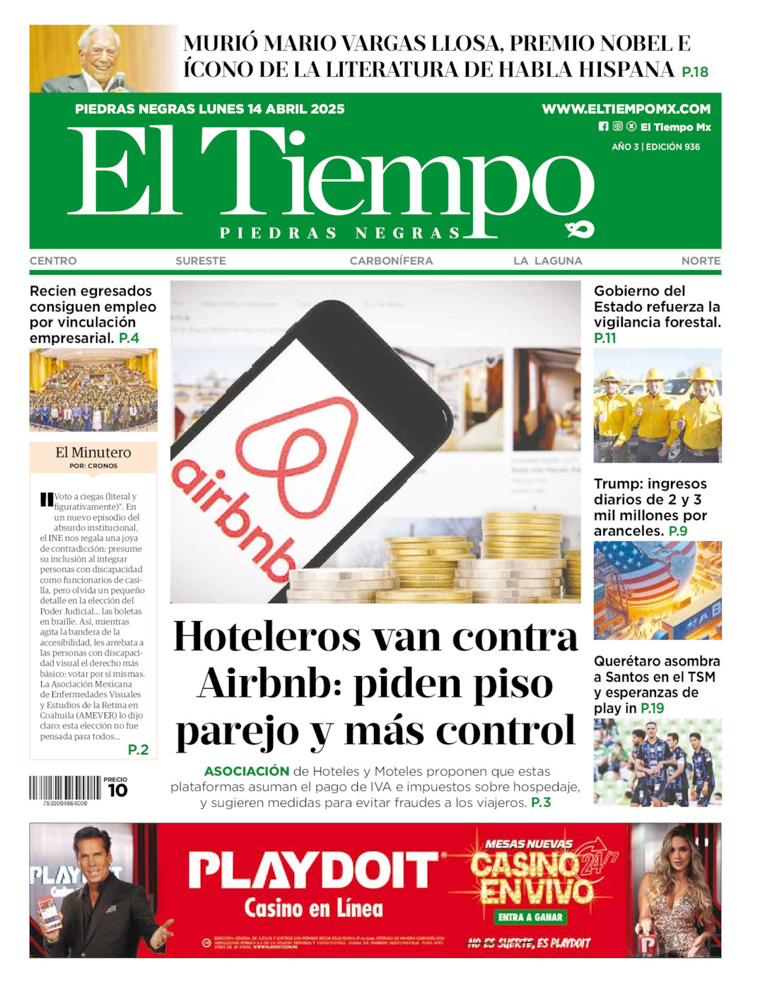 El Tiempo Piedras Negras, edición del lunes 14 de abril de 2025