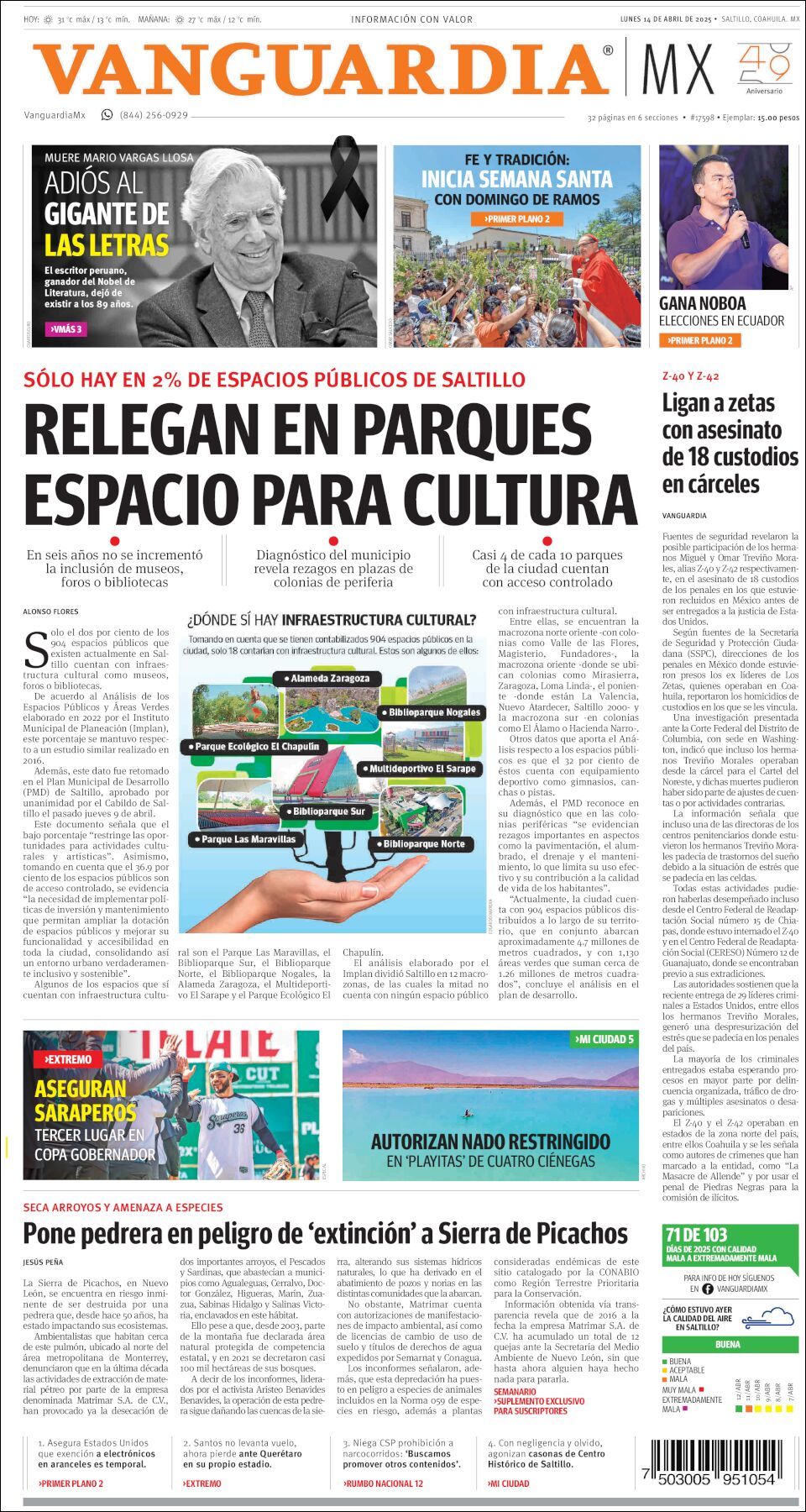 Vanguardia, edición del lunes 14 de abril de 2025