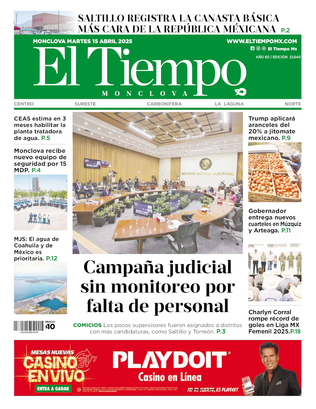 El Tiempo Monclova, edición del martes 15 de abril de 2025