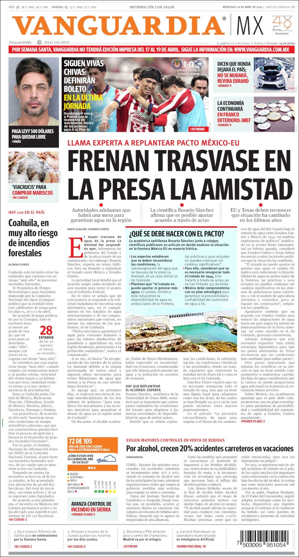 Vanguardia, edición del miércoles 16 de abril de 2025