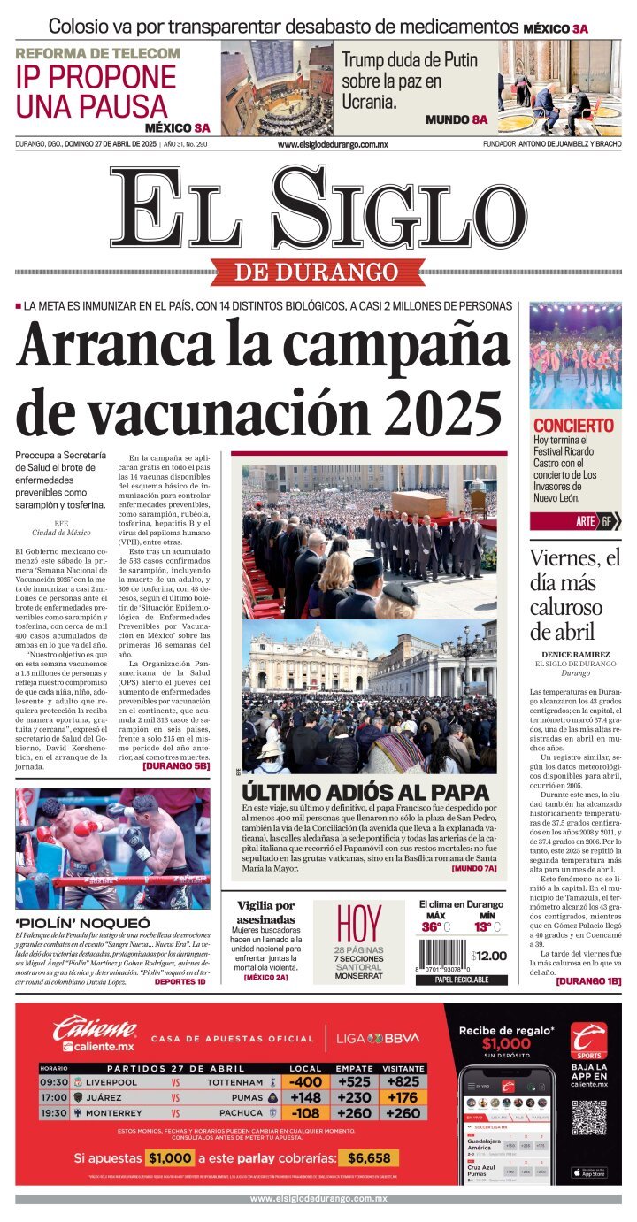 El Siglo de Durango, edición del domingo 27 de abril de 2025 El Siglo de Durango, edición del domingo 27 de abril de 2025