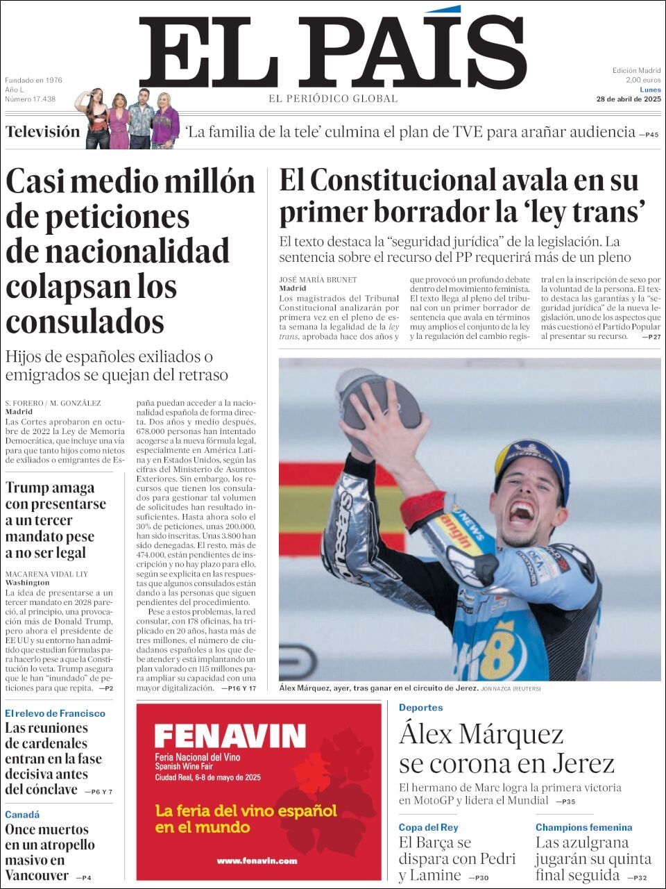 El País, edición del lunes 28 de abril de 2025 El País, edición del lunes 28 de abril de 2025