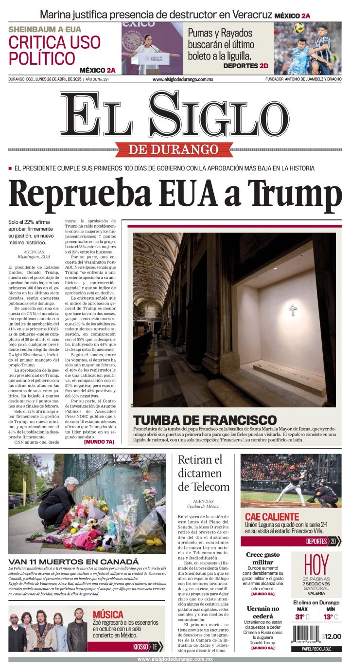 El Siglo de Durango, edición del lunes 28 de abril de 2025 El Siglo de Durango, edición del lunes 28 de abril de 2025