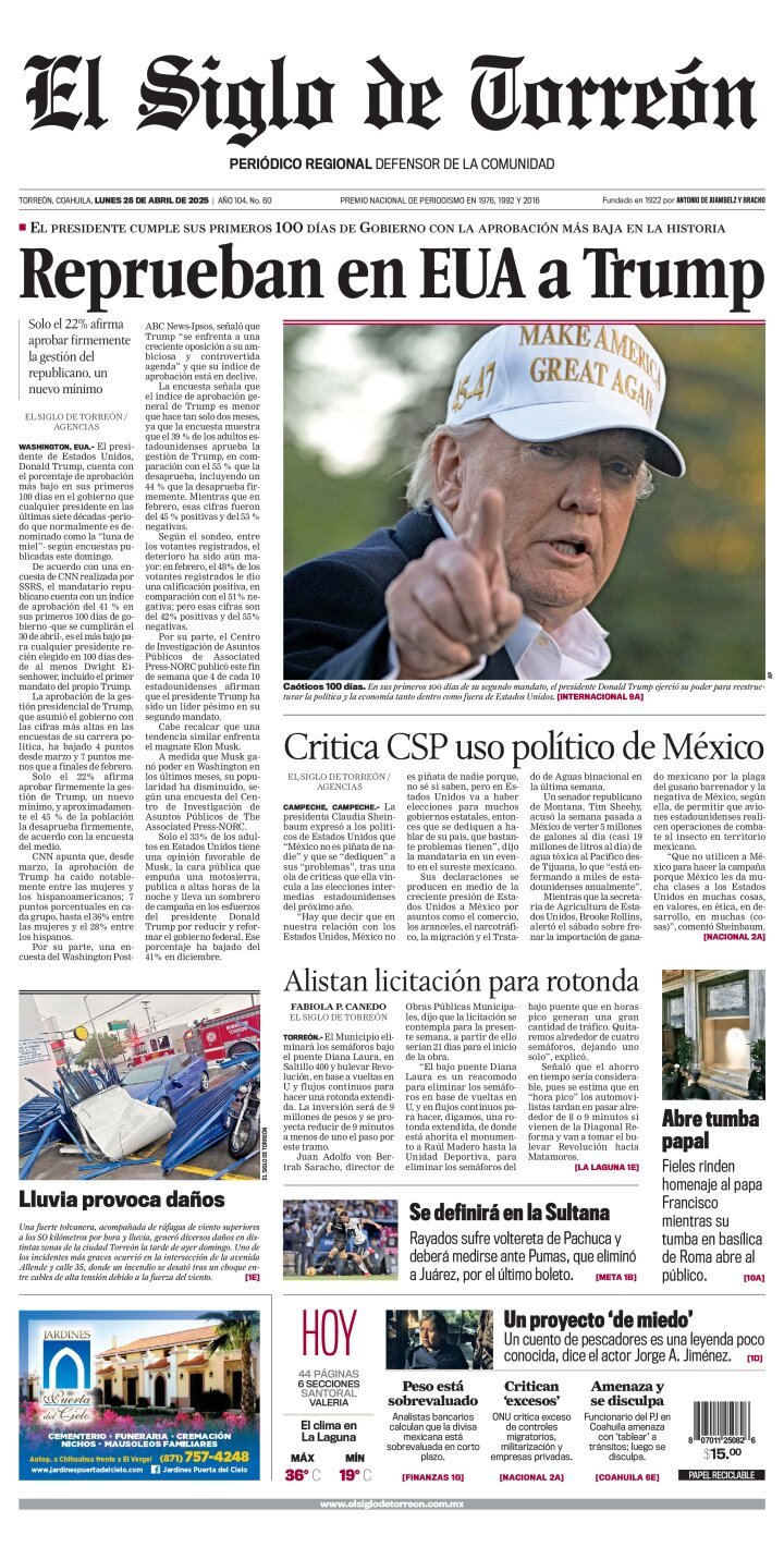 El Siglo de Torreón, edición del lunes 28 de abril de 2025 El Siglo de Torreón, edición del lunes 28 de abril de 2025