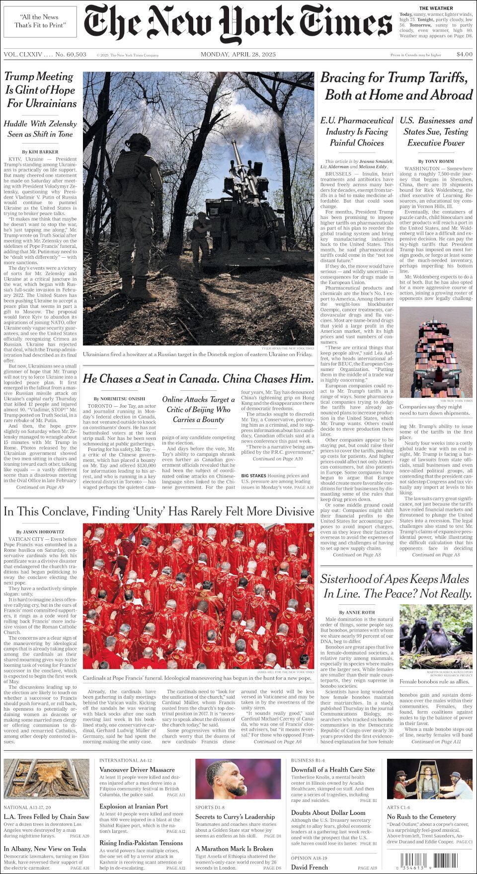 The New York Times, edición del lunes 28 de abril de 2025 The New York Times, edición del lunes 28 de abril de 2025
