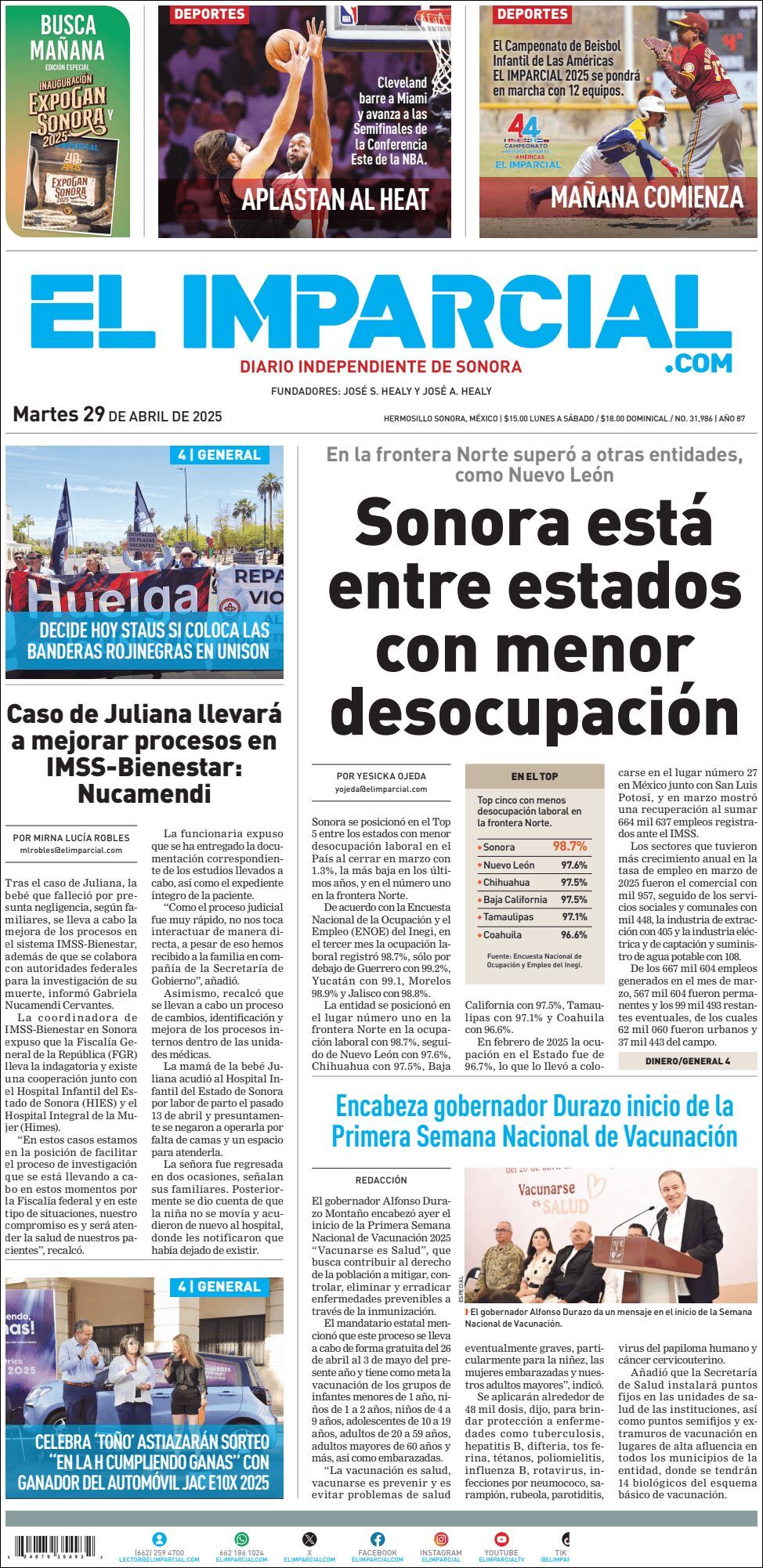 El Imparcial, edición del martes 29 de abril de 2025 El Imparcial, edición del martes 29 de abril de 2025