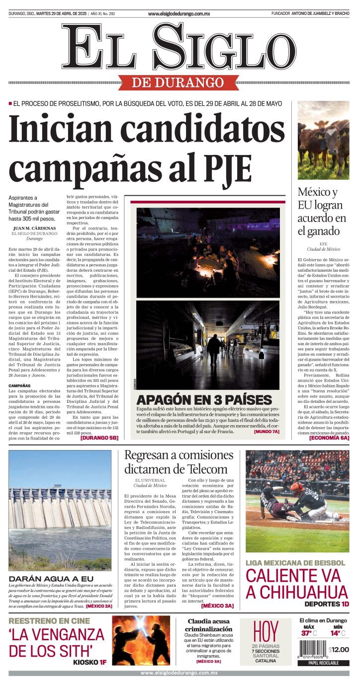 El Siglo de Durango, edición del martes 29 de abril de 2025 El Siglo de Durango, edición del martes 29 de abril de 2025