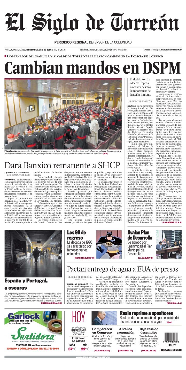 El Siglo de Torreón, edición del martes 29 de abril de 2025 El Siglo de Torreón, edición del martes 29 de abril de 2025