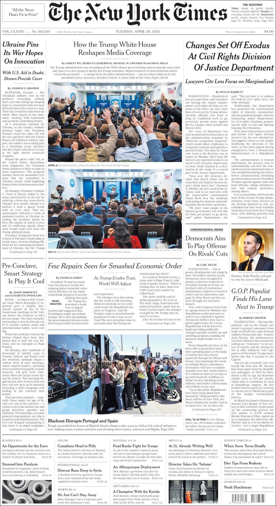 The New York Times, edición del martes 29 de abril de 2025 The New York Times, edición del martes 29 de abril de 2025