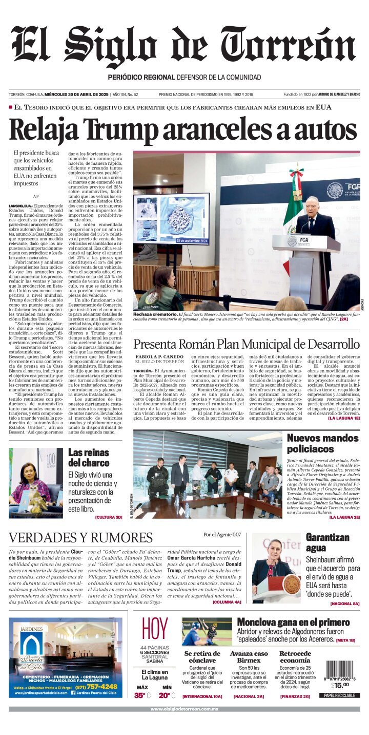 El Siglo de Torreón, edición del miércoles 30 de abril de 2025 El Siglo de Torreón, edición del miércoles 30 de abril de 2025