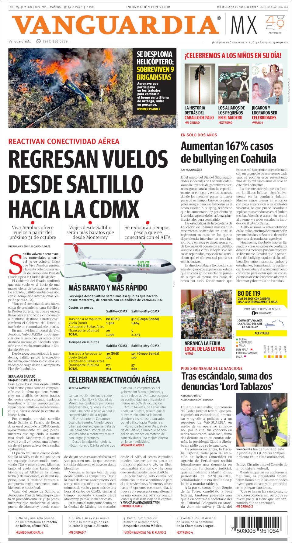 Vanguardia, edición del miércoles 30 de abril de 2025 Vanguardia, edición del miércoles 30 de abril de 2025