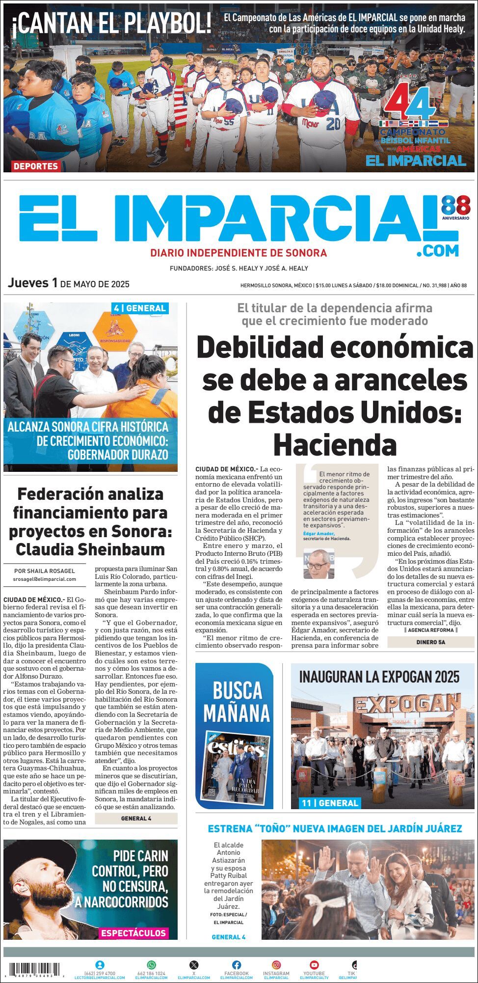 El Imparcial, edición del jueves 01 de mayo de 2025 El Imparcial, edición del jueves 01 de mayo de 2025