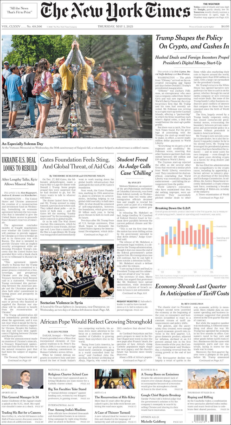The New York Times, edición del jueves 01 de mayo de 2025 The New York Times, edición del jueves 01 de mayo de 2025