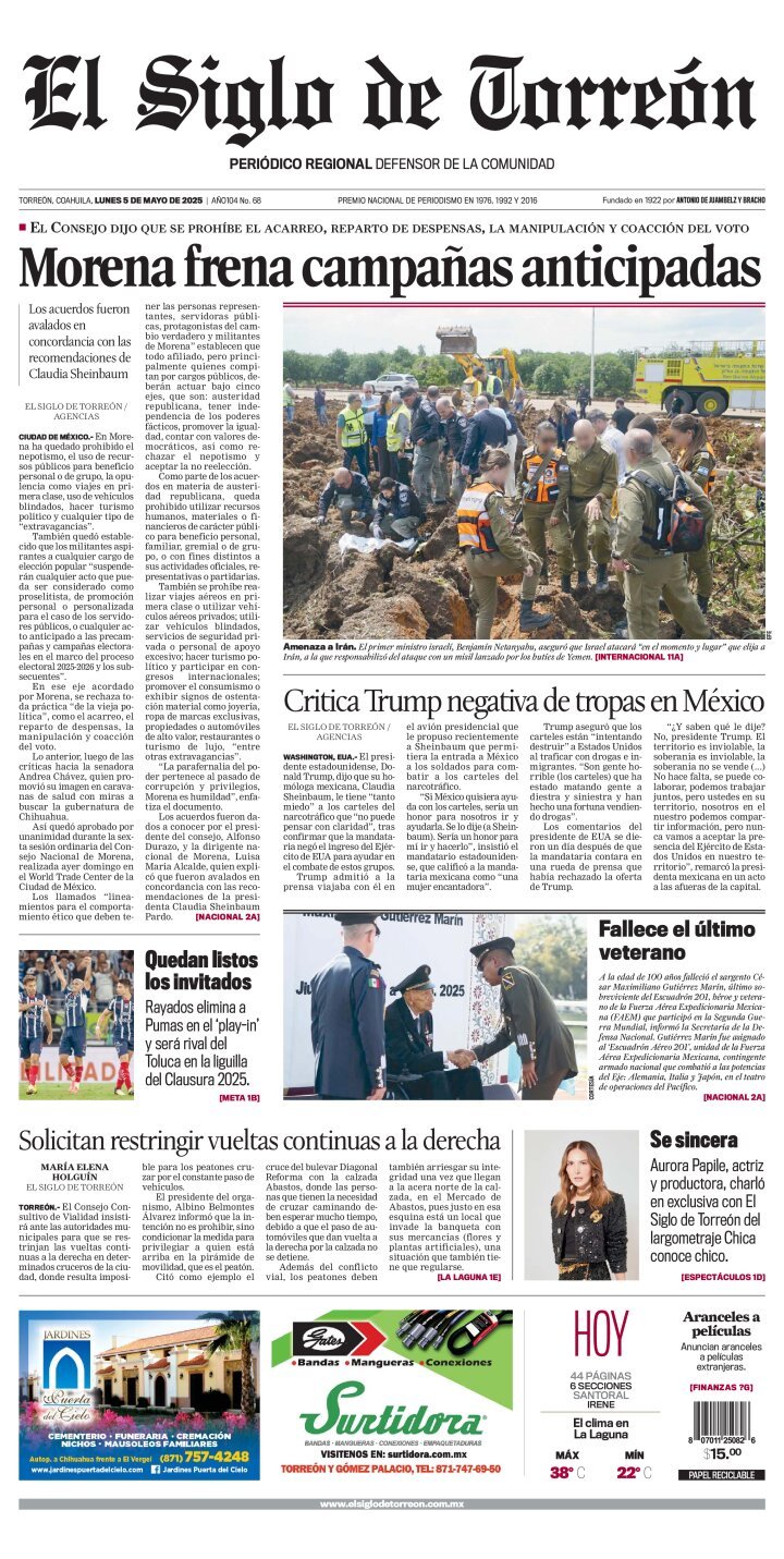 El Siglo de Torreón, edición del lunes 05 de mayo de 2025 El Siglo de Torreón, edición del lunes 05 de mayo de 2025