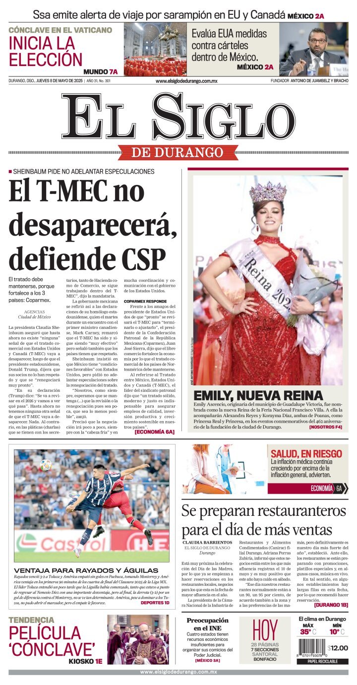 El Siglo de Durango, edición del jueves 08 de mayo de 2025 El Siglo de Durango, edición del jueves 08 de mayo de 2025