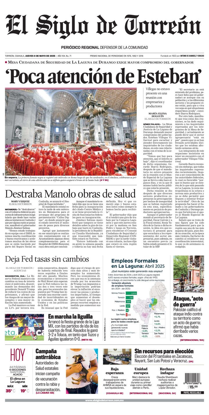 El Siglo de Torreón, edición del jueves 08 de mayo de 2025 El Siglo de Torreón, edición del jueves 08 de mayo de 2025
