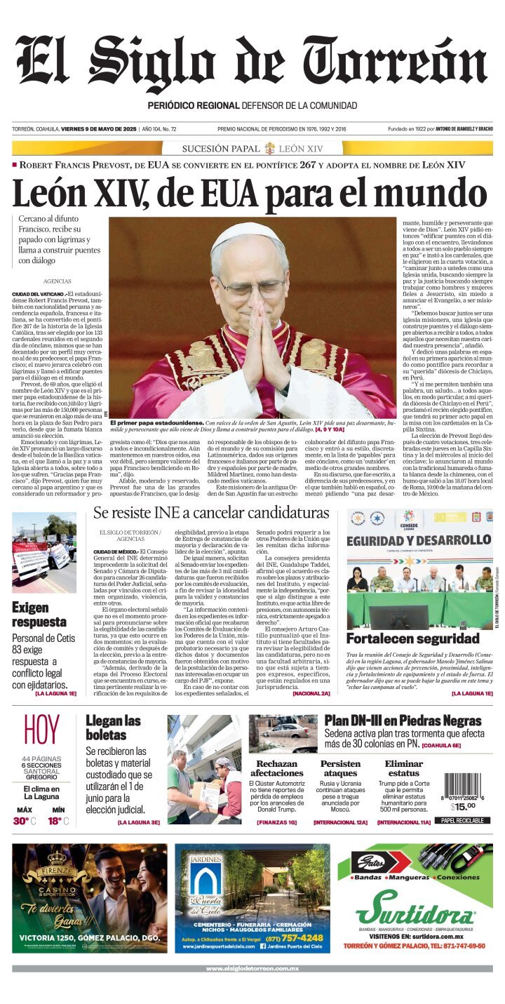 El Siglo de Torreón, edición del viernes 09 de mayo de 2025 El Siglo de Torreón, edición del viernes 09 de mayo de 2025