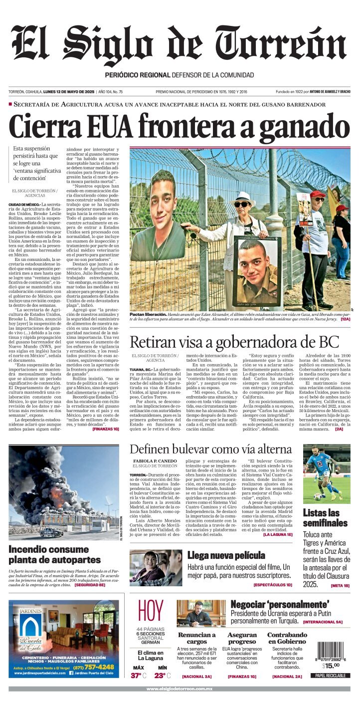 El Siglo de Torreón, edición del lunes 12 de mayo de 2025 El Siglo de Torreón, edición del lunes 12 de mayo de 2025
