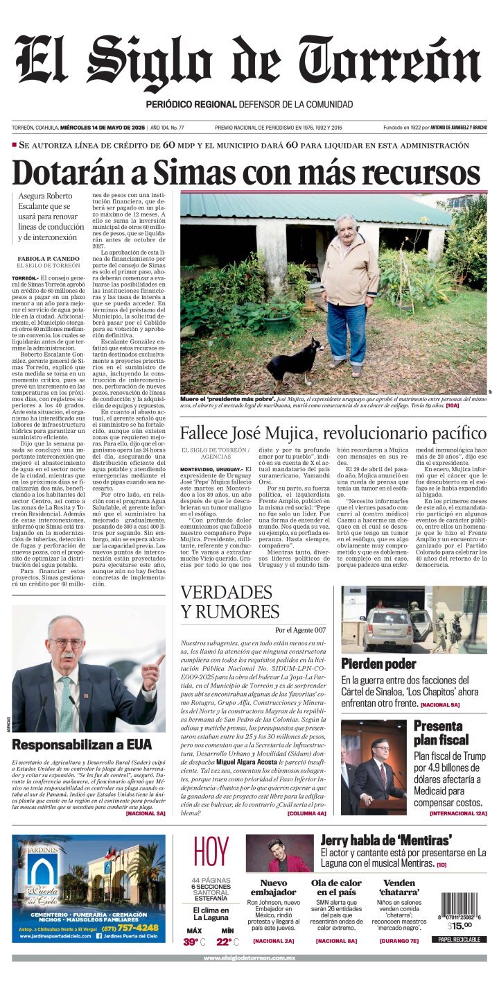 El Siglo de Torreón, edición del miércoles 14 de mayo de 2025 El Siglo de Torreón, edición del miércoles 14 de mayo de 2025