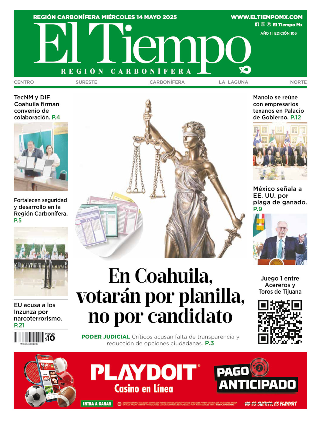 El Tiempo Región Carbonífera, edición del miércoles 14 de mayo de 2025 El Tiempo Región Carbonífera, edición del miércoles 14 de mayo de 2025