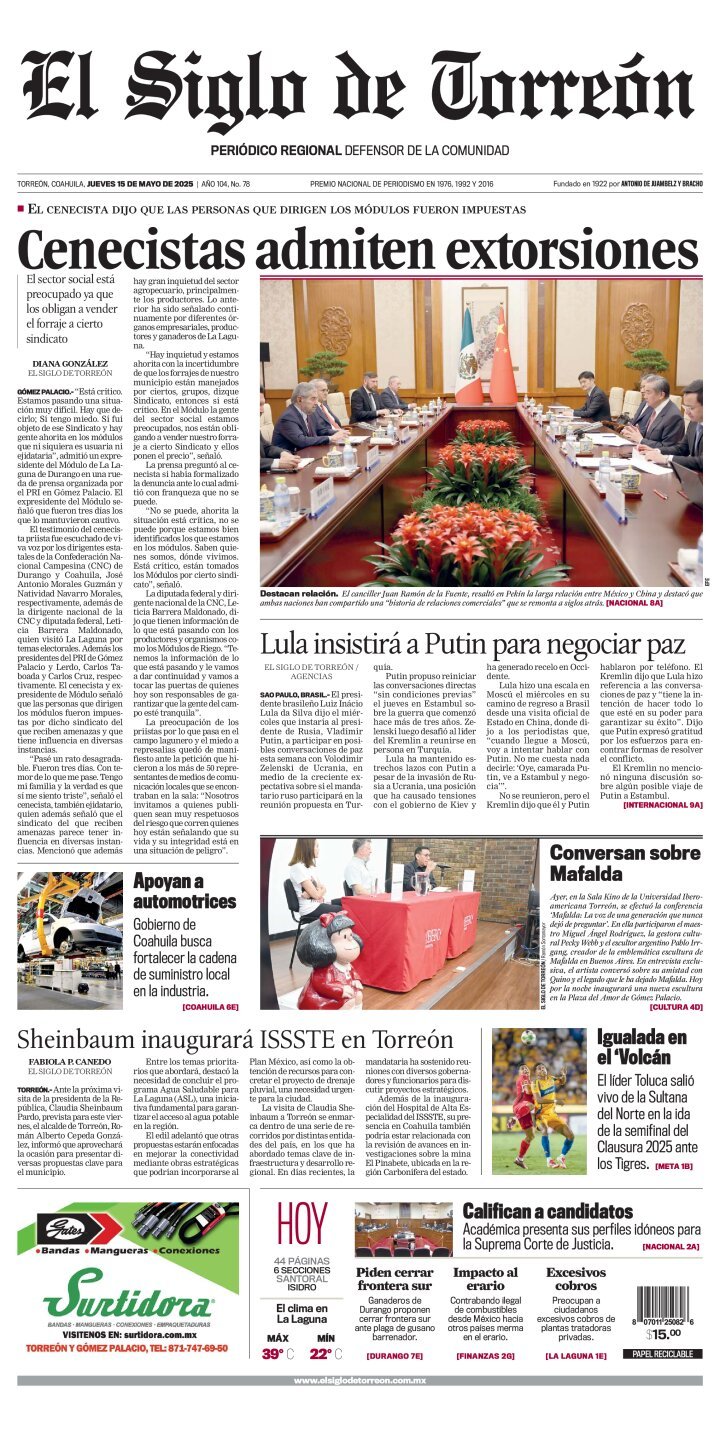 El Siglo de Torreón, edición del jueves 15 de mayo de 2025 El Siglo de Torreón, edición del jueves 15 de mayo de 2025