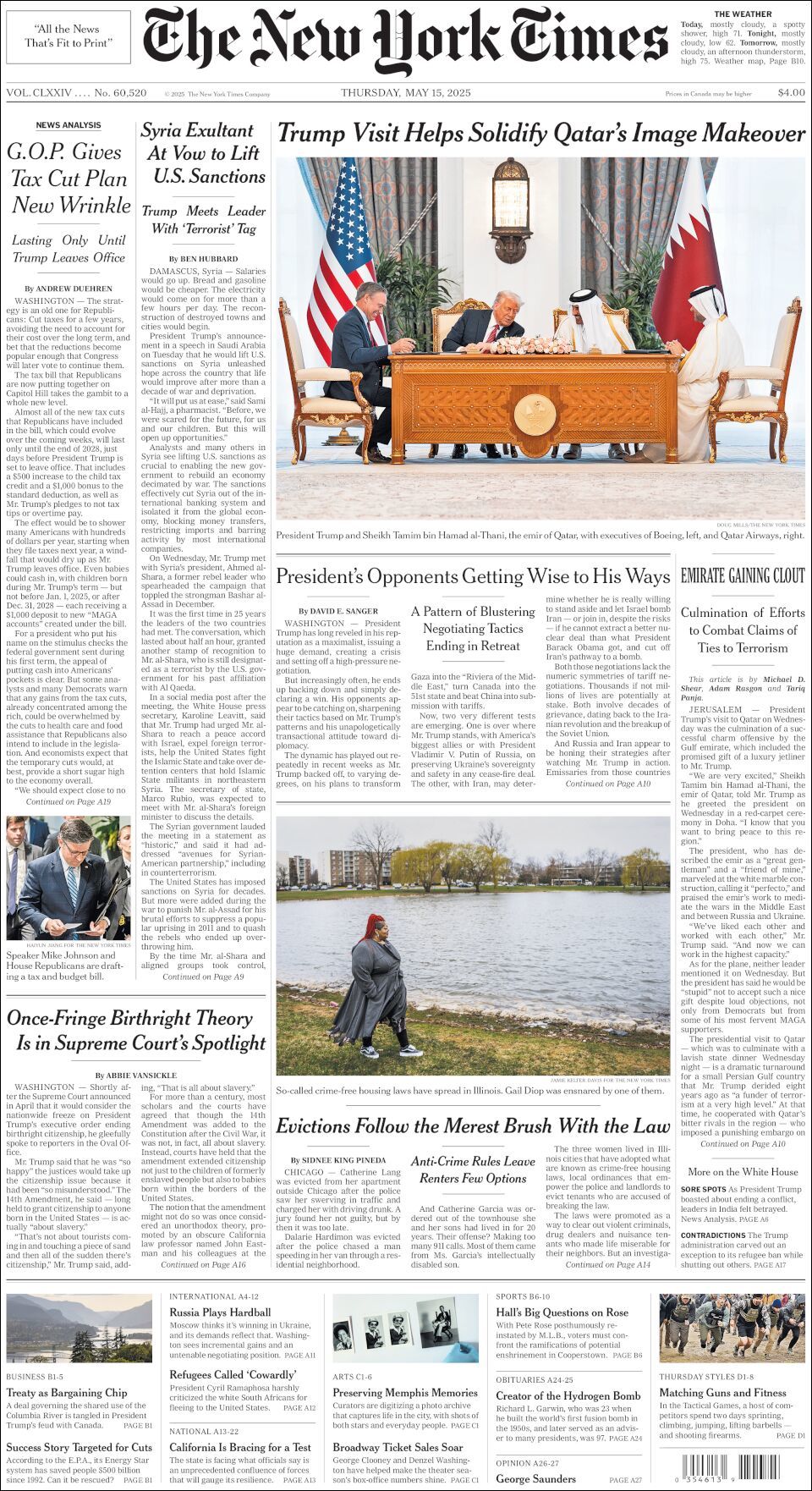 The New York Times, edición del jueves 15 de mayo de 2025 The New York Times, edición del jueves 15 de mayo de 2025